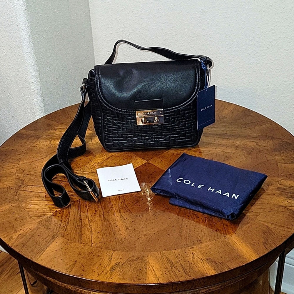 COLE HAAN Lock Group Genuine Leather Quilted Crossbody Bag, Black, NWT